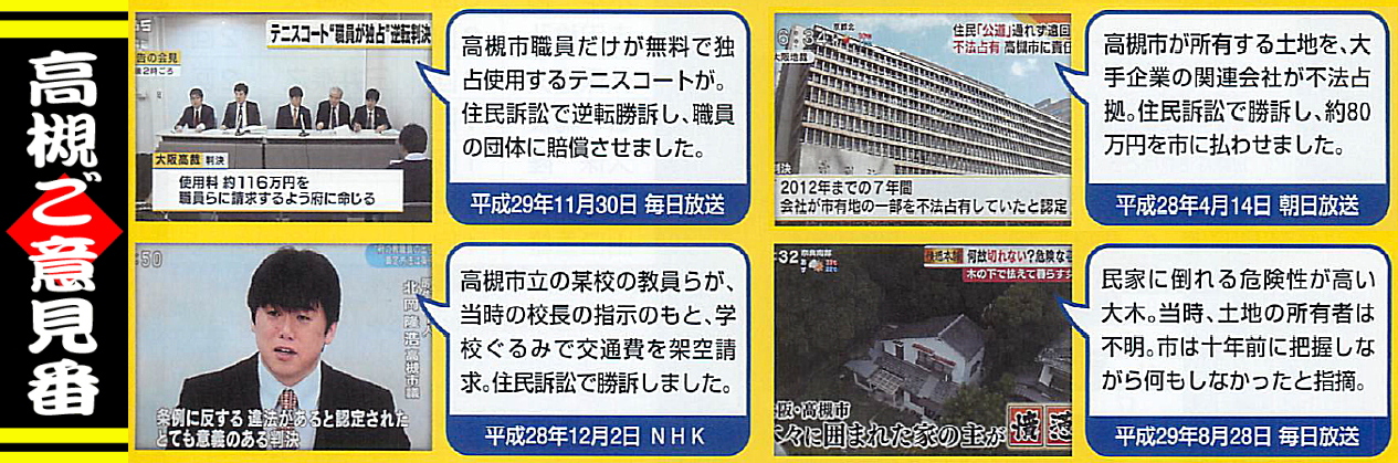 議会での質問、情報公開請求・住民監査請求・住民訴訟を駆使して、高槻市政・大阪府政の問題を追及しました。